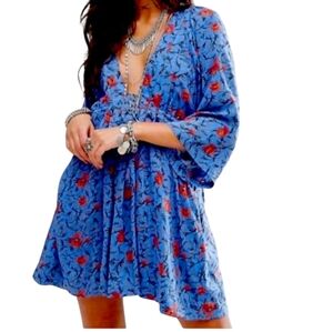 Free People Blue Combo Deep V Neck Mini Dress Size Small